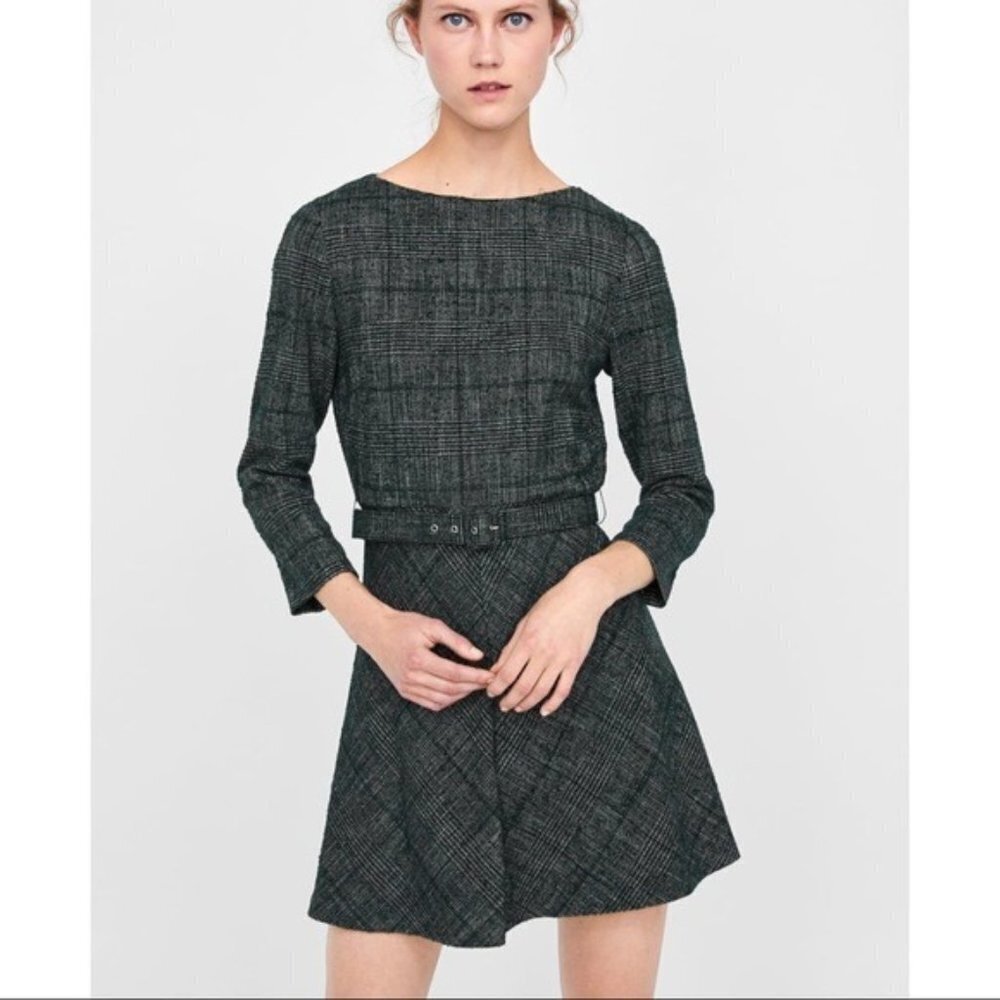 Zara Mini Dress Women's L Green Black Plaid Retro Vibes Belted Tweed Minimalist
